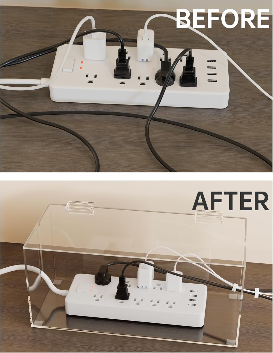 NiHome Large Clear Acrylic Cable Management Box, Power Strip Organizer with Ventilated Cover and Silicone Feet, Includes Reusable Ties, Transparent Cord Hider for Desk and Floor