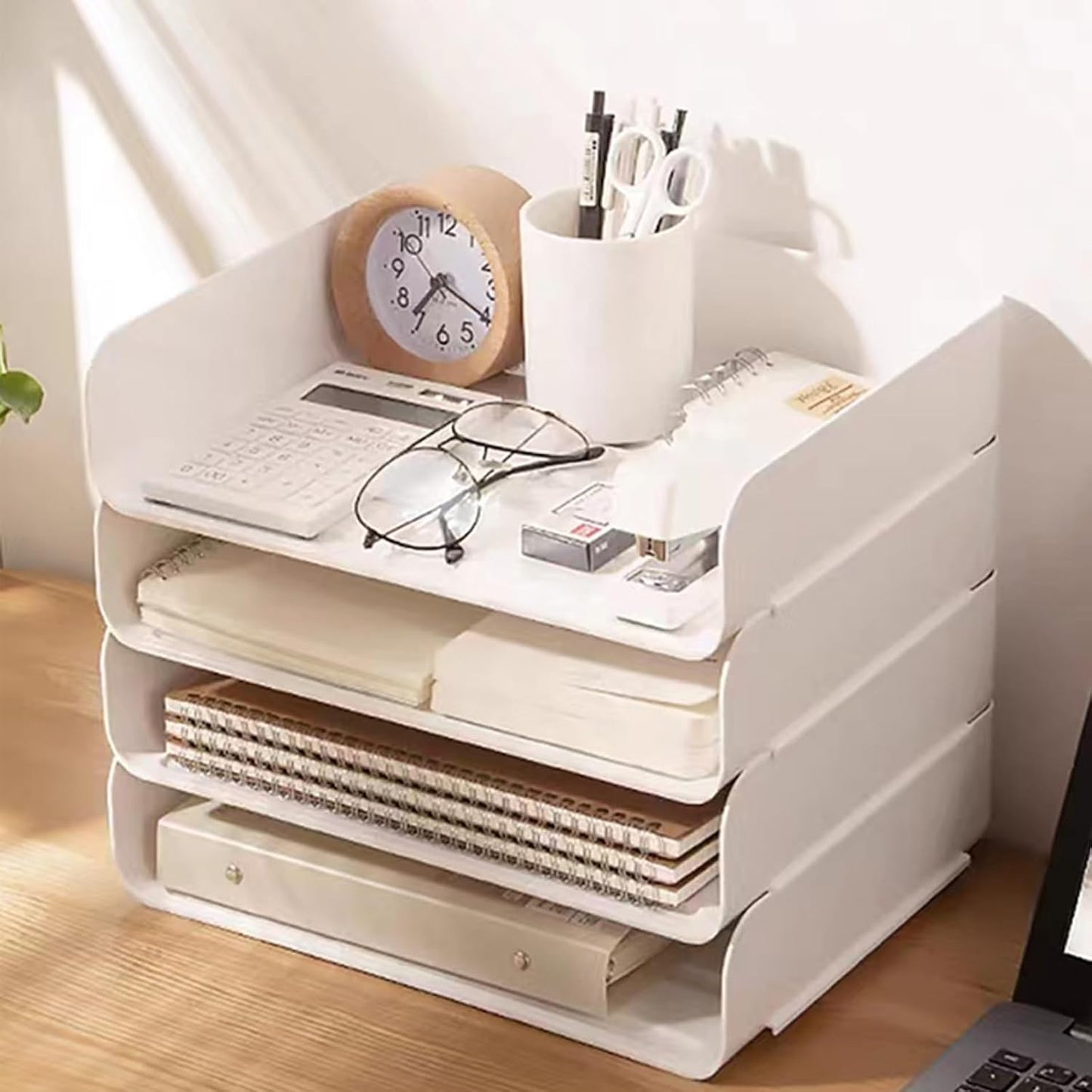 Clear Stackable Paper Trays 4 Pack, PET Letter Tray Desk Organizer, Desktop Organizers and Storage for Books, Magazines, Folders, A4 Size File Paper, Office Supplies