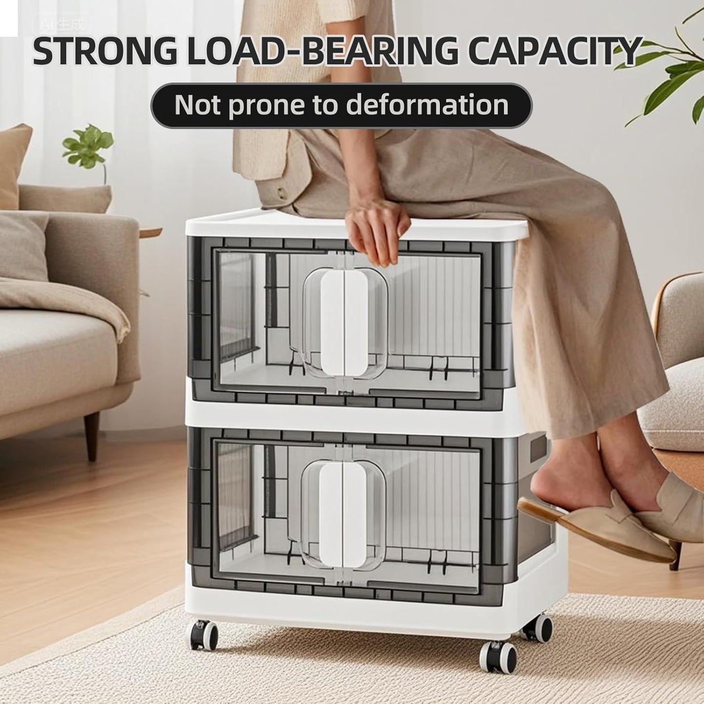 Folding Storage Organizer with Silent casters | Stackable Design for Home & Office, Heavy-Duty Plastic Storage Bin with Clear Door, 3 Sizes (19.5/23.5/27.5in),Black/White (23.6" 1 layer, White)