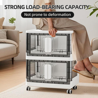 Folding Storage Organizer with Silent casters | Stackable Design for Home & Office, Heavy-Duty Plastic Storage Bin with Clear Door, 3 Sizes (19.5/23.5/27.5in),Black/White (23.6" 1 layer, White)