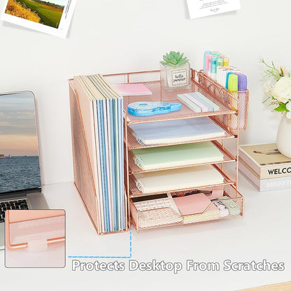 Desk Organizer, 5-Tier Paper Letter Tray Organizer with File Holder, Drawer and Pen Holder, Desktop Organizer for Office Supplies, Black