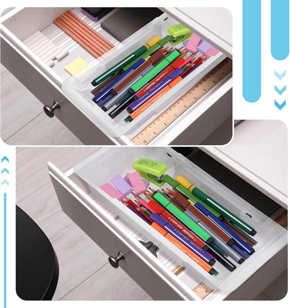 2 PCS Deep Drawer Organizer Bin Adjustable Sliding Drawer Organizers Clear Expandable Transparent Organizer Trays for Home Office Kitchen Makeup Storage Tools