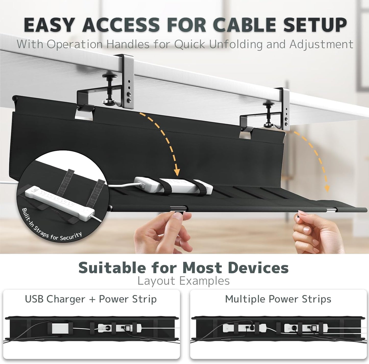No Drill Under Desk Cable Management Tray - 36" Clamp/Screw Desk Cord Management, Premium Fabric Cable Racyway for Office & Home