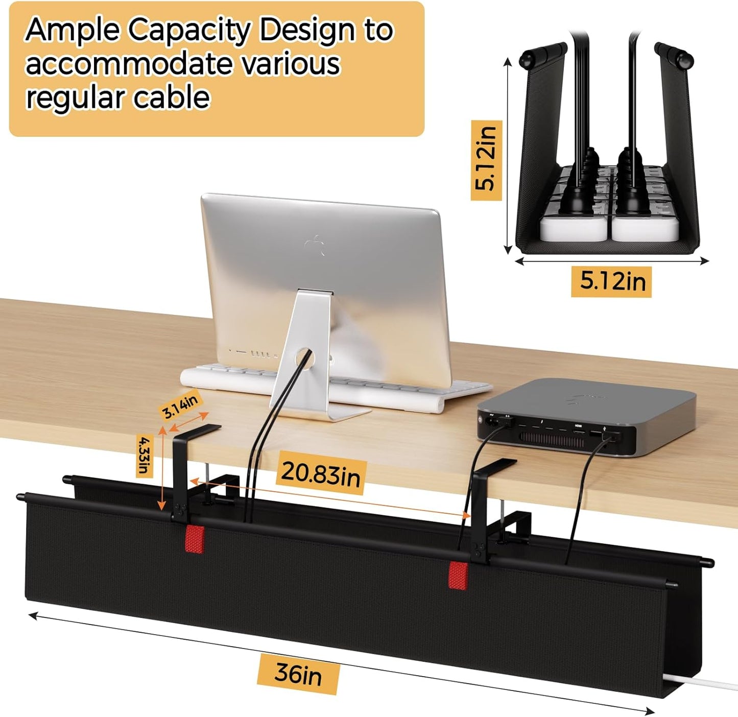 Under Desk Cable Management Tray - 36" Cord Organizer for Desk No Drill, Fabric Under Table Wire Organizer with 16X Cable Ties Hide for Office/Home, Cord Hider Fits Adapters & Sockets, White