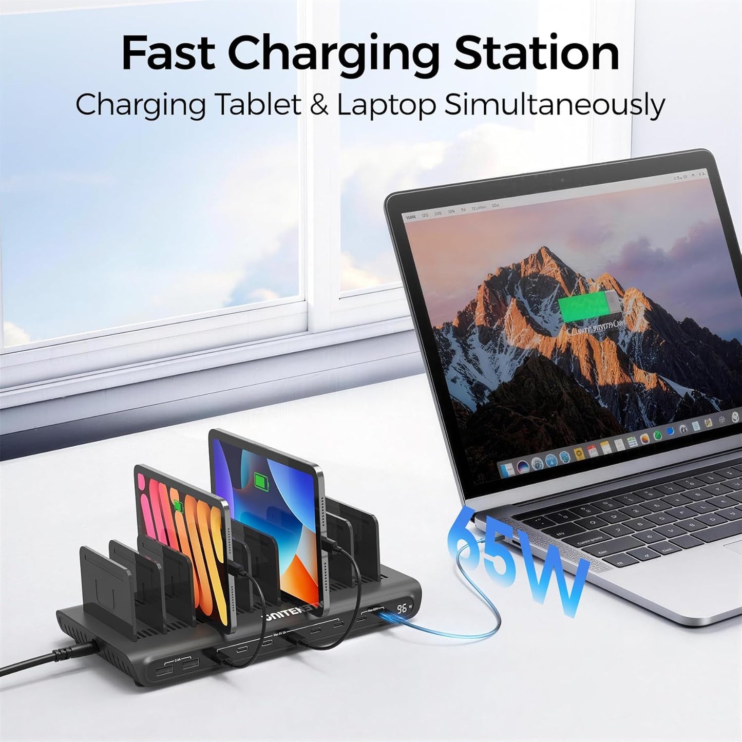 Unitek 10-Port Desktop Charging Dock Ultimate Charging Station for Multiple Devices, iPhones & Apple Products High-Speed USB Hub with LED Display for Office, Kitchen Counter, Desk Organizer