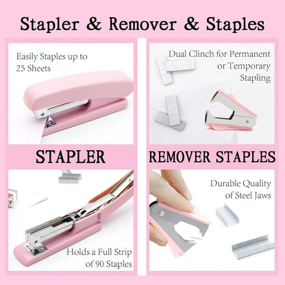 Gold Office Supplies,UPIHO Gold Desk Accessories,Stapler and Tape Dispenser Set with Large Stapler,Tape Dispenser, Staple Remover, Staples, Clips,Scissor,Pen and Sticky Notes,Gifts for Office Clerks