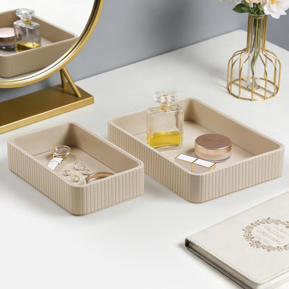 Desk Organizer Tray, PU Leather Nightstand Organizer Perfume Valet Tray for Men Women, Decorative Vanity Trays Trinket Dish Key Bowl for Entryway Table (2pcs, Ivory, Large+Small)