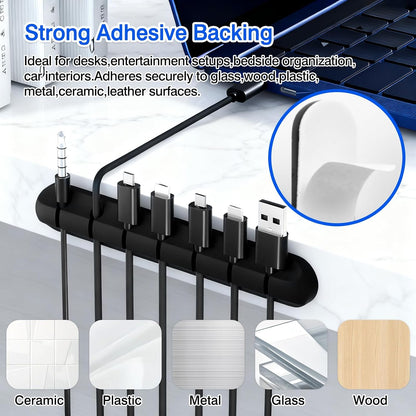 Self-Adhesive Silicone Cable Organizer Clips – Black Cord Holders with Multiple Slots (7-5-3-2-1) for Desk, Car & Nightstand