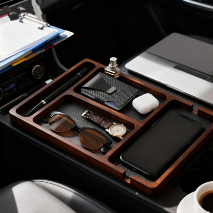 Wooden Valet Tray with Leather Inlay - Key and Wallet Tray, Wooden Jewelry Tray - Nightstand Desk Organizer for EDC Essentials (Keys, Phone, Wallet, Watch, Earbuds) (wood)