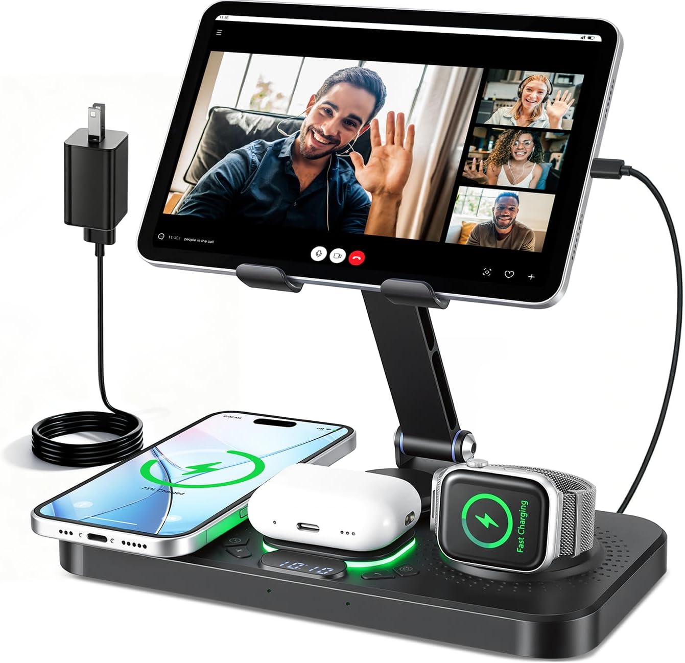 6 in 1 Charging Station for Apple Multiple Devices, Wireless Charging Station with Clock & 7 RGB Light, Foldable Wired Chargers for Multiple Devices for iPhone 17/16/15, iPad, Apple Watch, AirPods