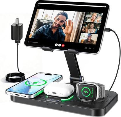 6 in 1 Charging Station for Apple Multiple Devices, Wireless Charging Station with Clock & 7 RGB Light, Foldable Wired Chargers for Multiple Devices for iPhone 17/16/15, iPad, Apple Watch, AirPods