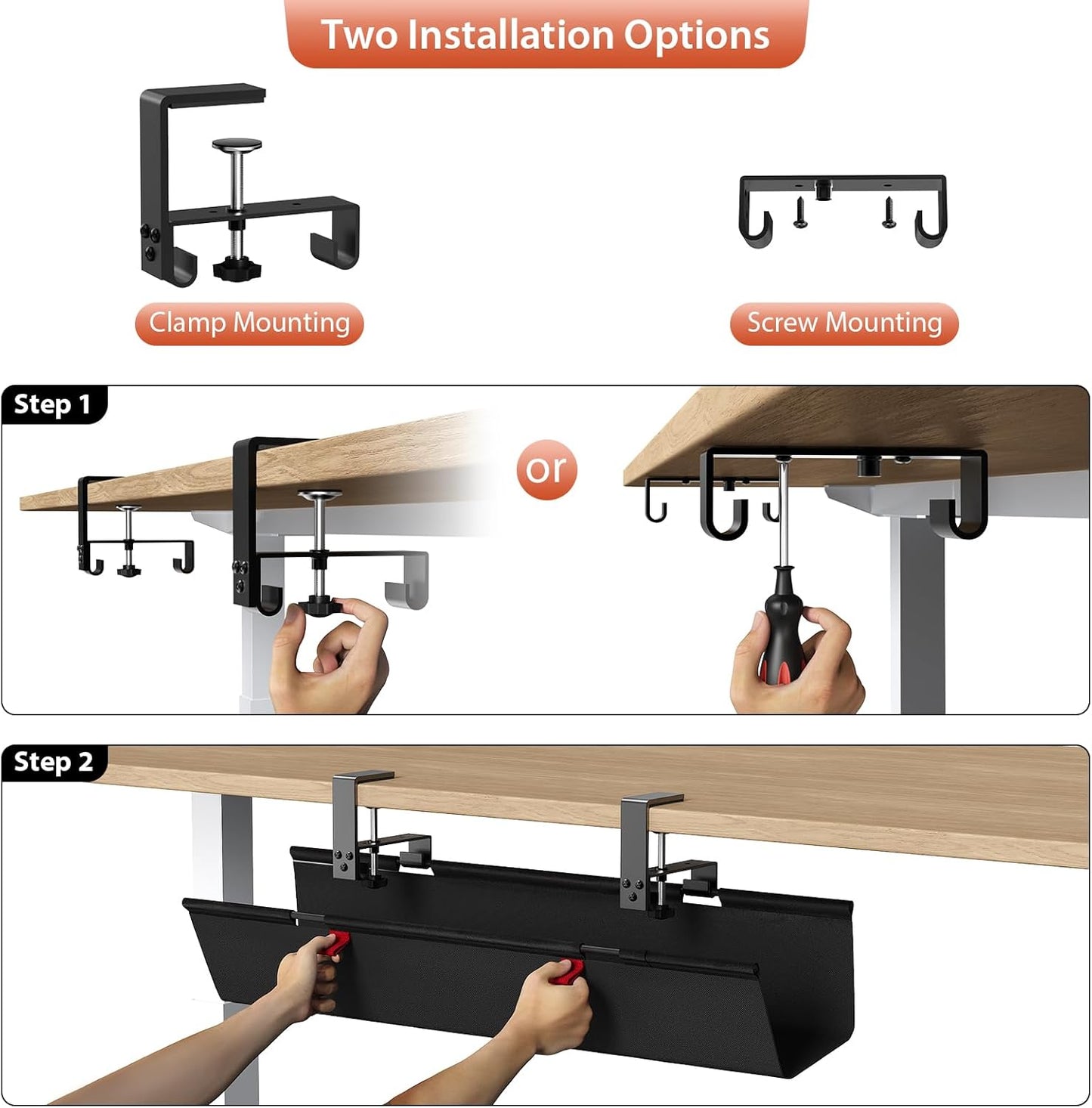 Univivi No Drill Under Desk Cable Management Tray, 36" Cord Organizer for Table, Clamp/Screw Mount Desk Cable Management, Premium Fabric Cable Management Tray for Office, Home