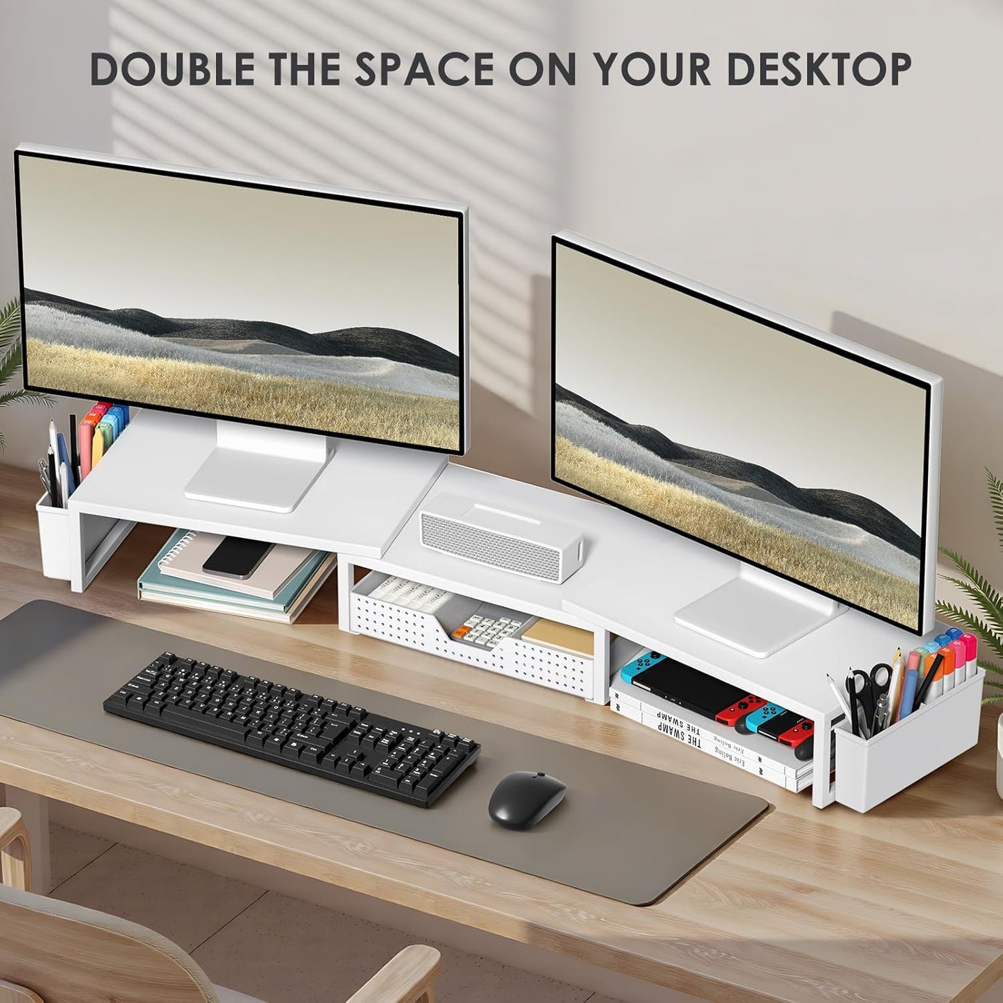 OPNICE Clear Acrylic Desk Organizers and Accessories, Dual Monitor Stand Riser with Drawer, Desk Shelf Computer Racks for Office Workspace Organizers, Desktop Organization (Transparent)