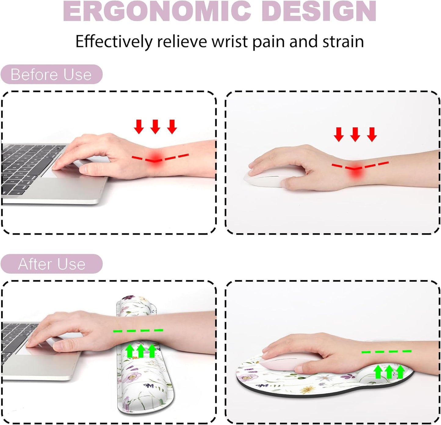 Ergonomic Mouse Pad with Wrist Rest and Keyboard Wrist Rest, Memory Foam Wrist Rest for Computer Keyboard, Easy Typing, Pain Relief, Mouse Pad Wrist Support for Gaming,Office, Laptop, Black Flower