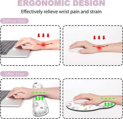 Ergonomic Mouse Pad with Wrist Rest and Keyboard Wrist Rest, Memory Foam Wrist Rest for Computer Keyboard, Easy Typing, Pain Relief, Mouse Pad Wrist Support for Gaming,Office, Laptop, Black Flower