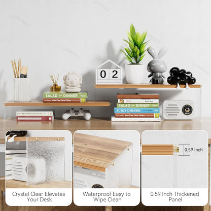 YGYQZ Adjustable Monitor Stand Riser with Acrylic Legs丨7.67" Wide Dual Monitor Stand for Desk丨2-Tier Wood Desktop Organizer for Computer, Laptop, Printer & PC丨Modern Aesthetic Desk Shelf(wood-flat)