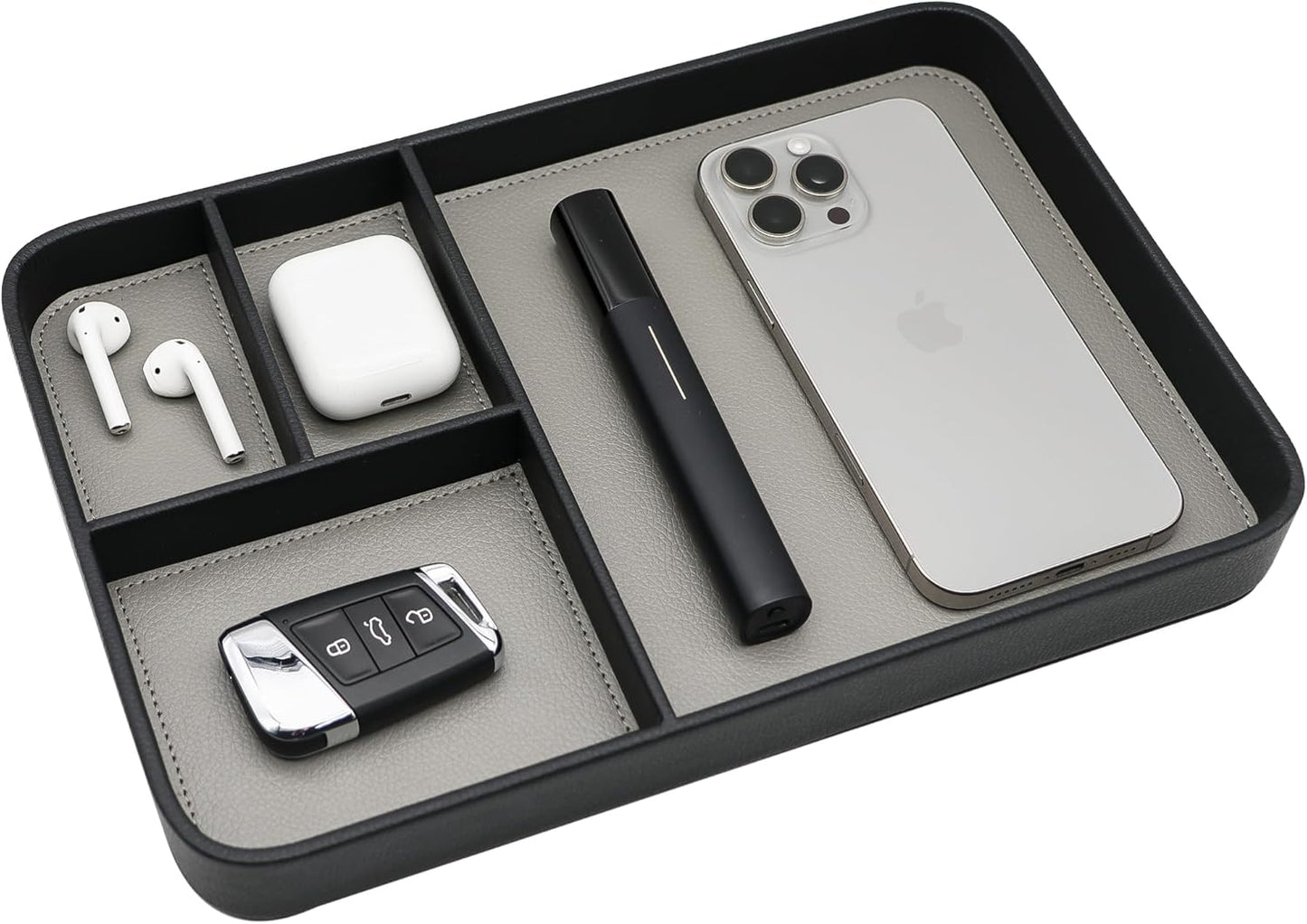 Vegan Leather Valet Tray for Men - Modern Nightstand Organizer for Keys, Wallet, Watch & EDC Essentials, Eco-Friendly & Stylish Storage(Black)