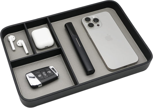 Vegan Leather Valet Tray for Men - Modern Nightstand Organizer for Keys, Wallet, Watch & EDC Essentials, Eco-Friendly & Stylish Storage(Black)