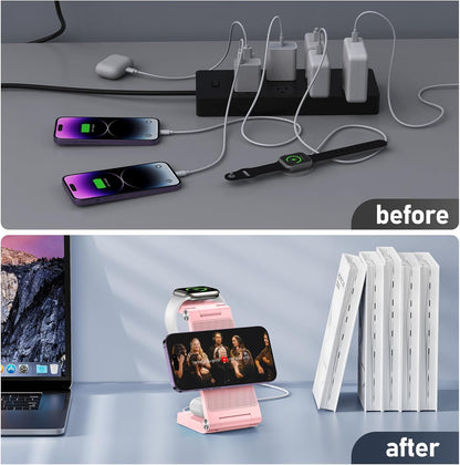 Magnetic Wireless Charger Stand, 3 in 1 Foldable Wireless Charging Station with 20W Adapter, Travel Charger for Multiple Devices for iPhone 17 16 15 14 13 12 Pro/Max/Plus/Mini, iWatch, AirPods