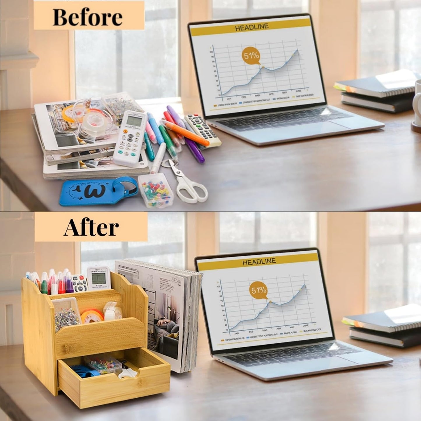 ZAVOOS Bamboo Desk Organizer, Multi Use Tabletop Storage Office Supplies with Drawer Pen Holder, 5 Compartments Heavy Duty Desk Accessories for Home Office Organization, No Assembly Required