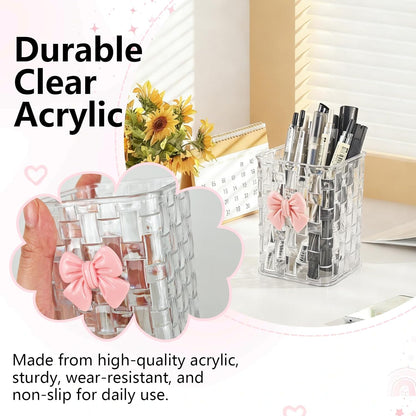 Nirvany Acrylic Pen Holder for Desk, Cute Clear Pencil Organizer & Makeup Brush Holder with Bow Back To School Accessories for Office, Home, School, Kitchen