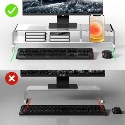 BEYGORM Acrylic Monitor Stand for Full Keyboard, 20" Wide 2-Tier Riser with Storage Shelf and Phone Holder, Desktop Organizer for Laptop, Printer, Screen (Clear)