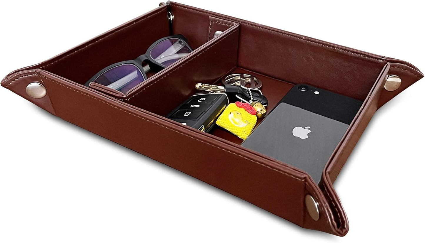 Valet Tray for Men and Women - PU Leather Nightstand Organizer with Desk Catchall Tray, Dresser Box for Keys, Jewelry