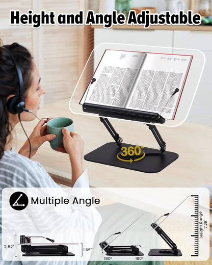ASIEIT Desk Clamp Book Stand, Aluminum Book Holder Adjustable Height & Angle, Cookbook Stand for Kitchen, Recipe Book Holder with 360° Swivel Base, Book Stand for Reading, Office, Laptop