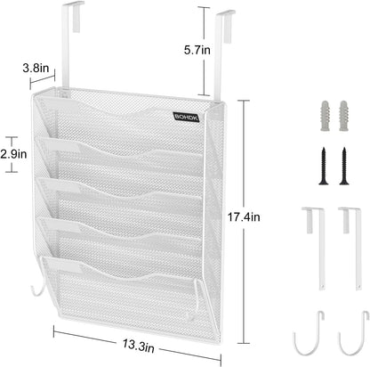 BOHDK Wall File Organizer, 6 Tier Hanging File Folder Mail Organizer, Vertical Mesh Metal Wall Mount Hanging File Holder, Paper Document Magazine Rack for Home Office Black