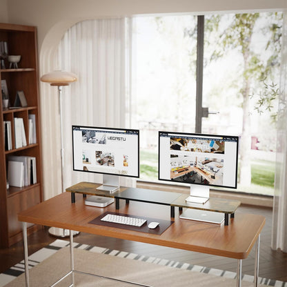 Dual Monitor Stand - 43.7 inch Extra Long Wide TV Stand - Wood & Steel Leg Desktop Riser - Desk Organization - Home Office (Vintage)