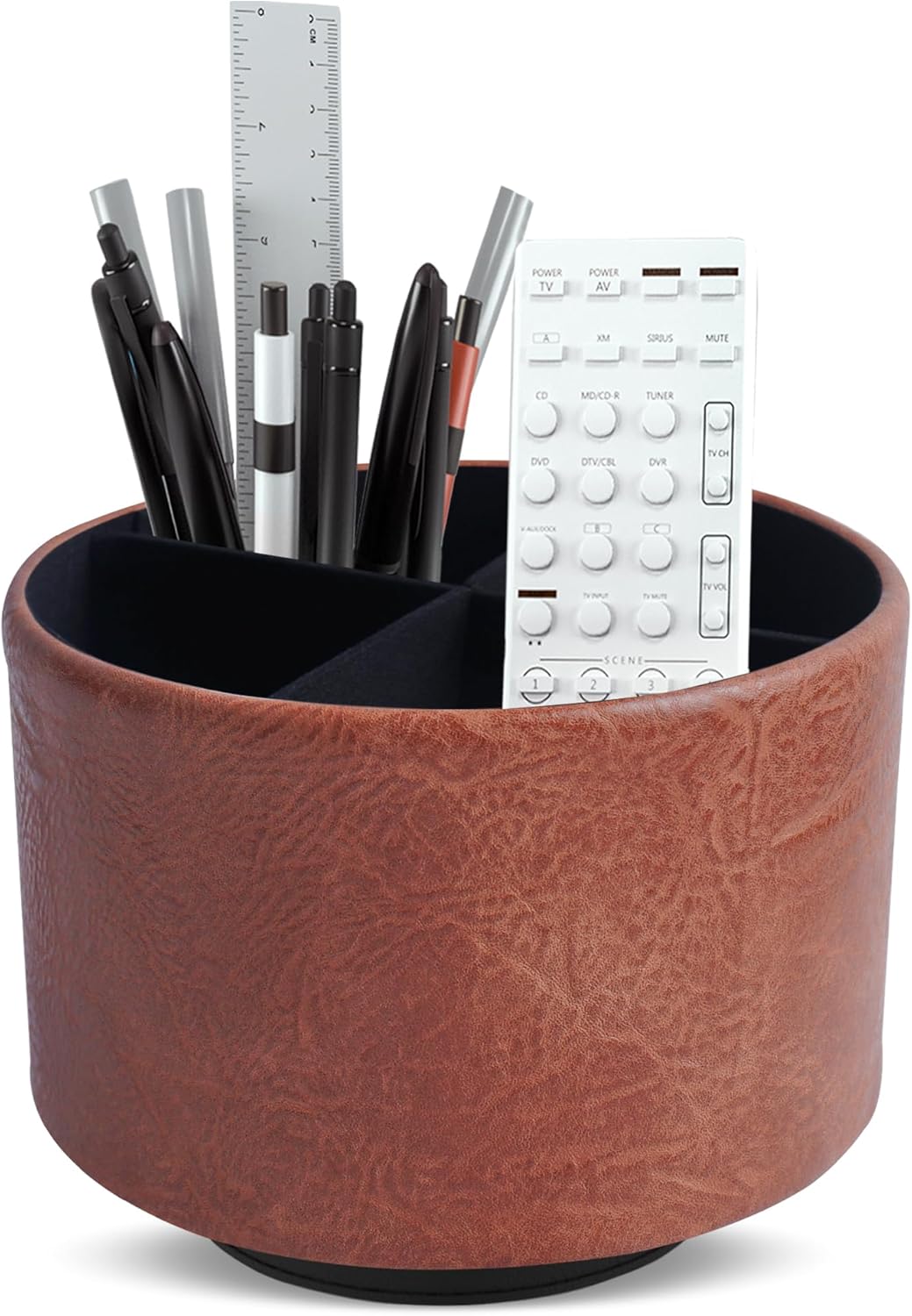 Hennaja Round Leather Art Supply Organizer,Remote Control Holder,360 Degree Rotating,Multi-Functional Pencil Holder,4 Compartments Desktop Stationary Organizer(1-Blue Bird) - Colors B