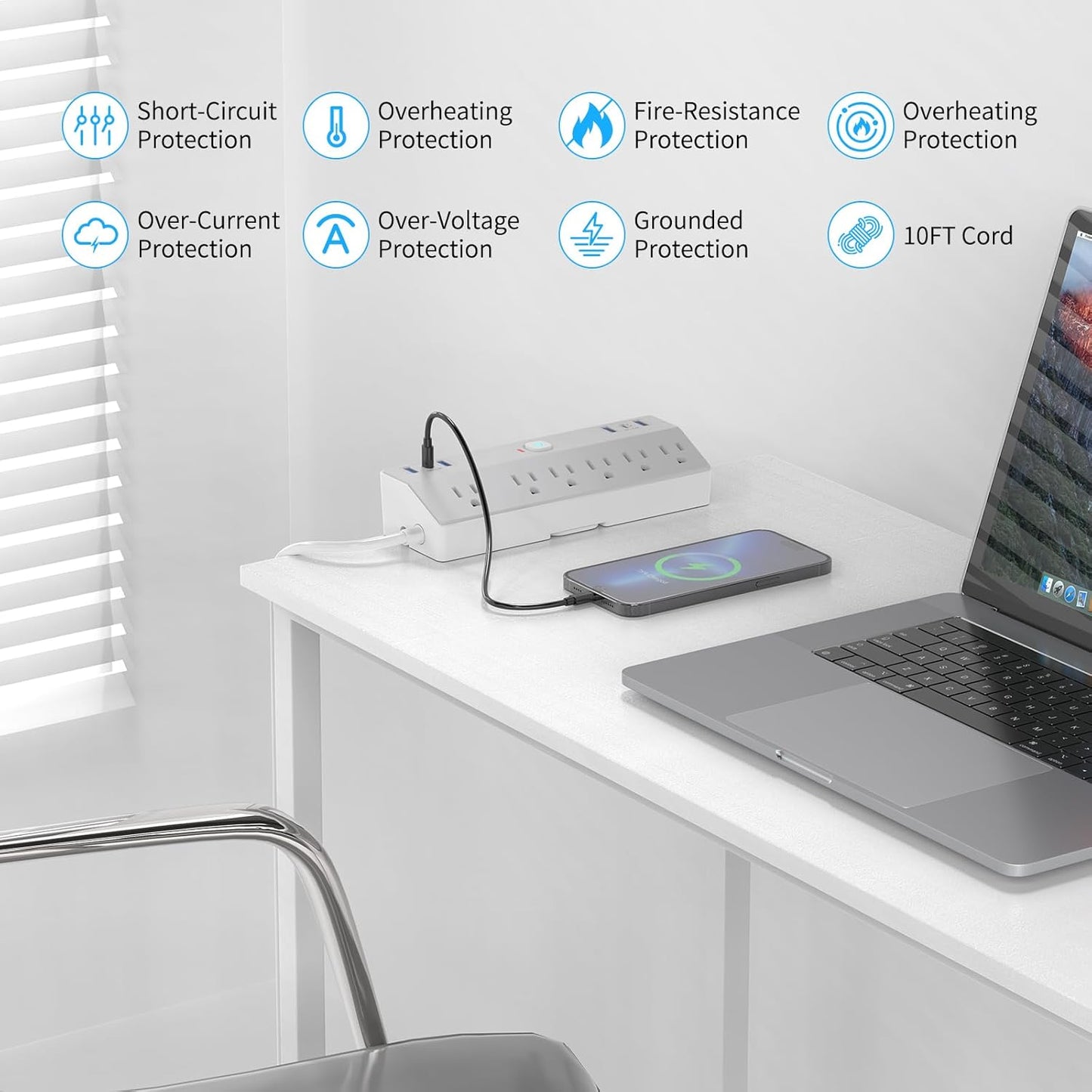 Desk Clamp Power Strip with 40W Fast Charging Station, JXGUCAT 10FT Flat Plug Desk Mount Power Strip Surge Protector, Removable Extension Cord with 2 USB-C Ports 6 Outlets, Fits 1.8" Tabletop Edge
