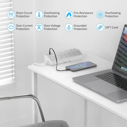 Desk Clamp Power Strip with 40W Fast Charging Station, JXGUCAT 10FT Flat Plug Desk Mount Power Strip Surge Protector, Removable Extension Cord with 2 USB-C Ports 6 Outlets, Fits 1.8" Tabletop Edge