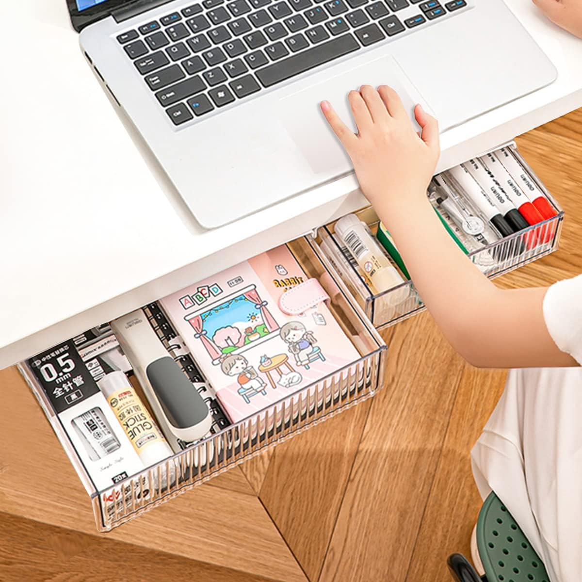 2Pcs Under Desk Storage Drawers Slide Out,Large&Medium, Stick On Desk Drawer Organizer Hidden Under Table Drawer for Home Office School Organization and Storage-Transparent Black
