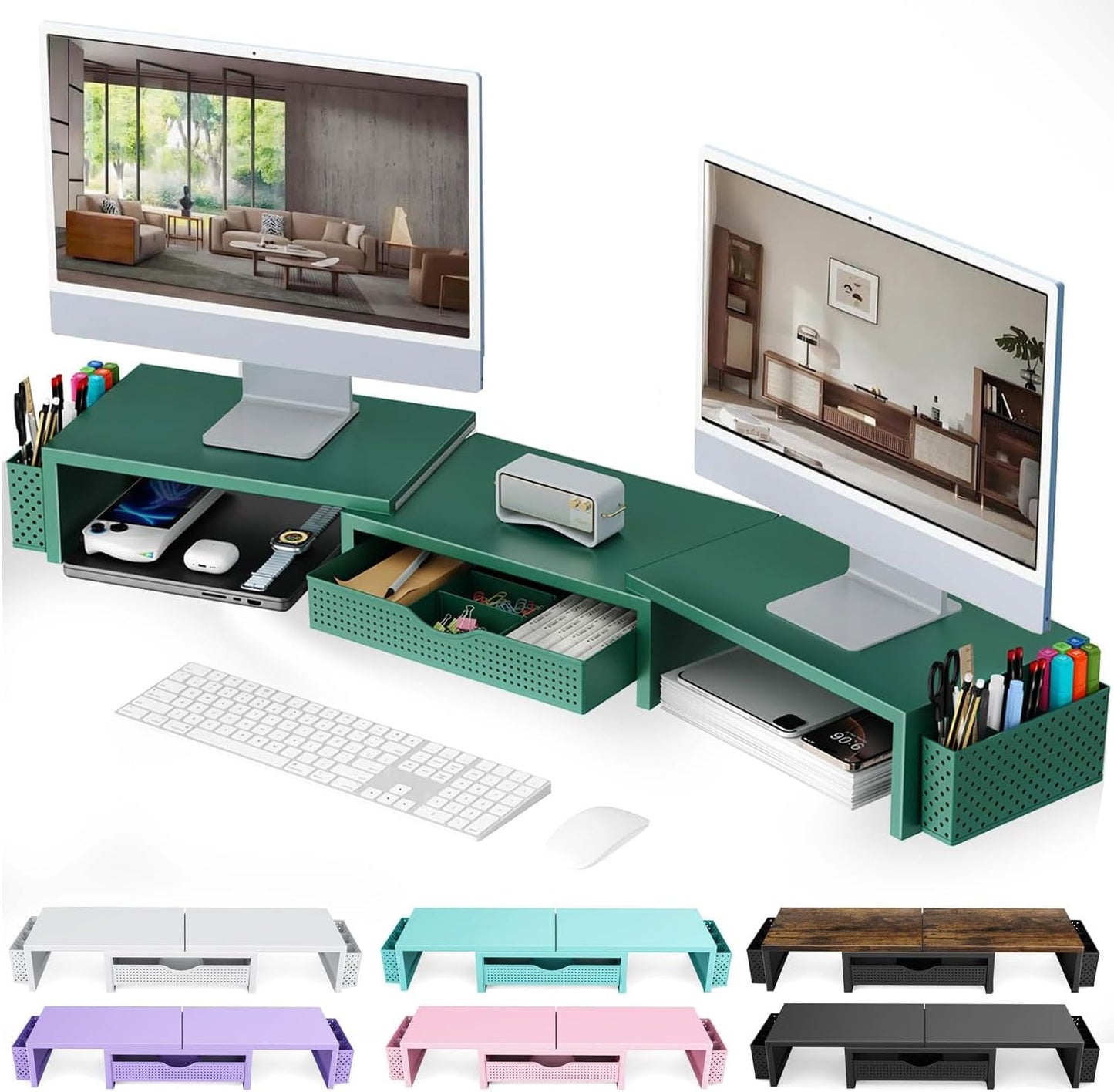 gianotter Dual Monitor Stand Riser, Desk Organizer With Drawer and 2 Pen Holders, Computer Monitor Stand, Shelf for Top of Desk, Black