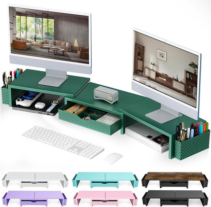 gianotter Dual Monitor Stand Riser, Desk Organizer With Drawer and 2 Pen Holders, Computer Monitor Stand, Shelf for Top of Desk, Black