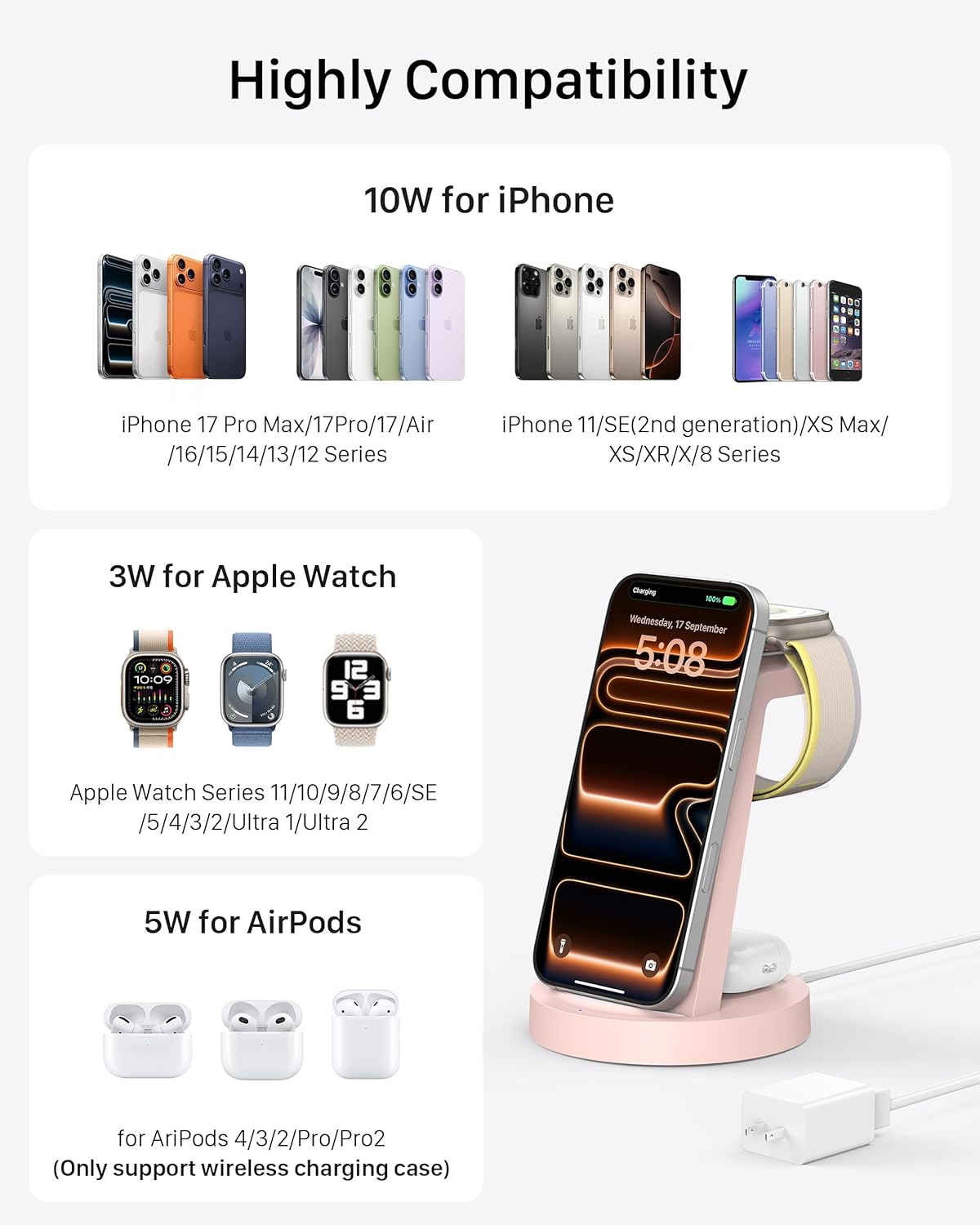 Anlmz 3 in 1 Charging Station for iPhone - Wireless Charger for Apple Products Multiple Devices - Charging Dock Stand for AirPods (for iPhone 17 16e 16 15 14 13 pro 12 11 X Max)