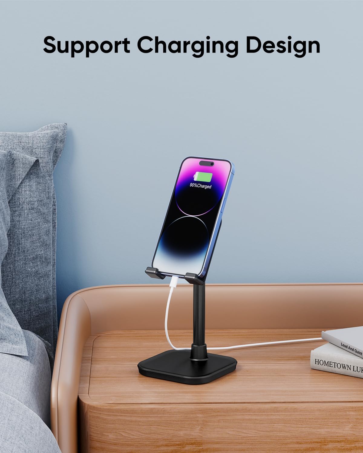Cell Phone Stand, Adjustable Height Phone Stand for Desk, Eye Level Desktop Phone Holder Compatible with iPhone, Pro Max, Samsung, and All Mobile Phones up to 10''