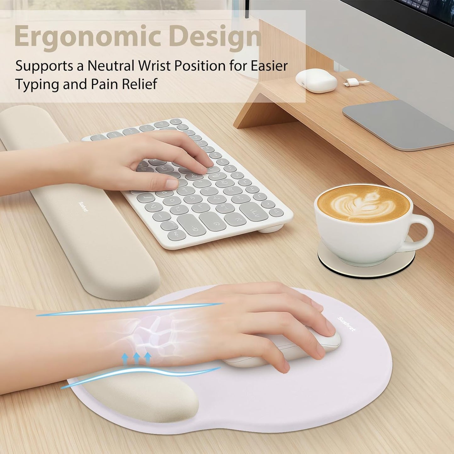 Sushret Mouse Pad and Keyboard Wrist Rest, 3-in-1 Gel Memory Foam Ergonomic Mouse Pad with Wrist Rest Set,Gaming Mousepad Arm Cushion Support for Computer Office Desk Accessories Cute Setup,Sage Green