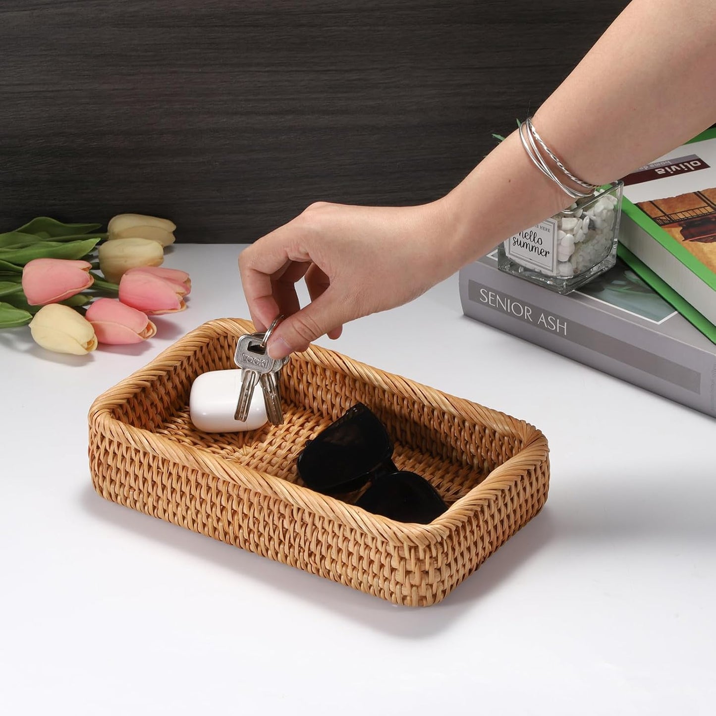 Hipiwe Key Basket Tray for Entryway Table Rattan Serving Tray Handwoven Wicker Baskets Vanity Trays Square Decorative Fruit Trays for Kitchen Counter Bedside Living Room Bathroom, 8.1"