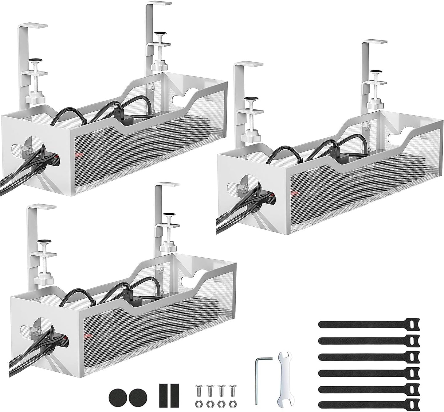 Under Desk Cable Management Tray No Drill, Metal Mesh Cable Management Under Desk with Clamp Mount, 2 Hole Cable Tray with Wire Management and Cord Organizer for Home Office Standing Desk