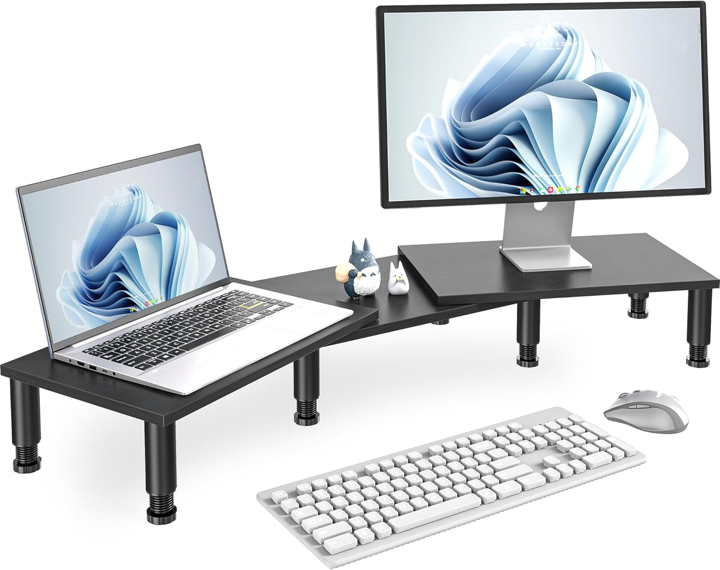 AX Waber Dual Monitor Riser - Adjustable Length & Angle, Wooden Stand for 2 Monitors with Storage