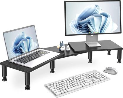 AX Waber Dual Monitor Riser - Adjustable Length & Angle, Wooden Stand for 2 Monitors with Storage