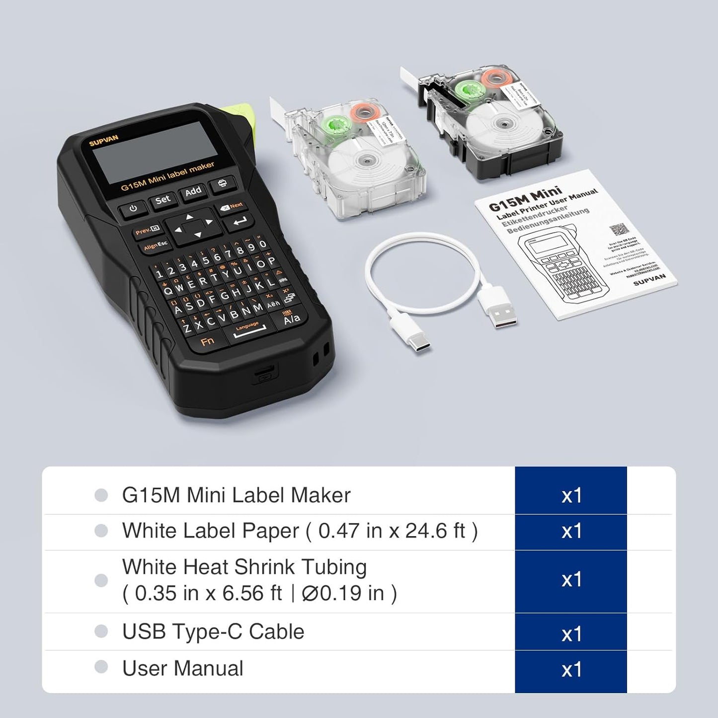 SUPVAN G15M Mini Portable Label Maker Machine with Heat Shrink Tube, Rechargeable 1200mAh Battery Thermal Transfer Printer, Compatible with Multi-Type Label, Home, Garage, Office & Outdoor