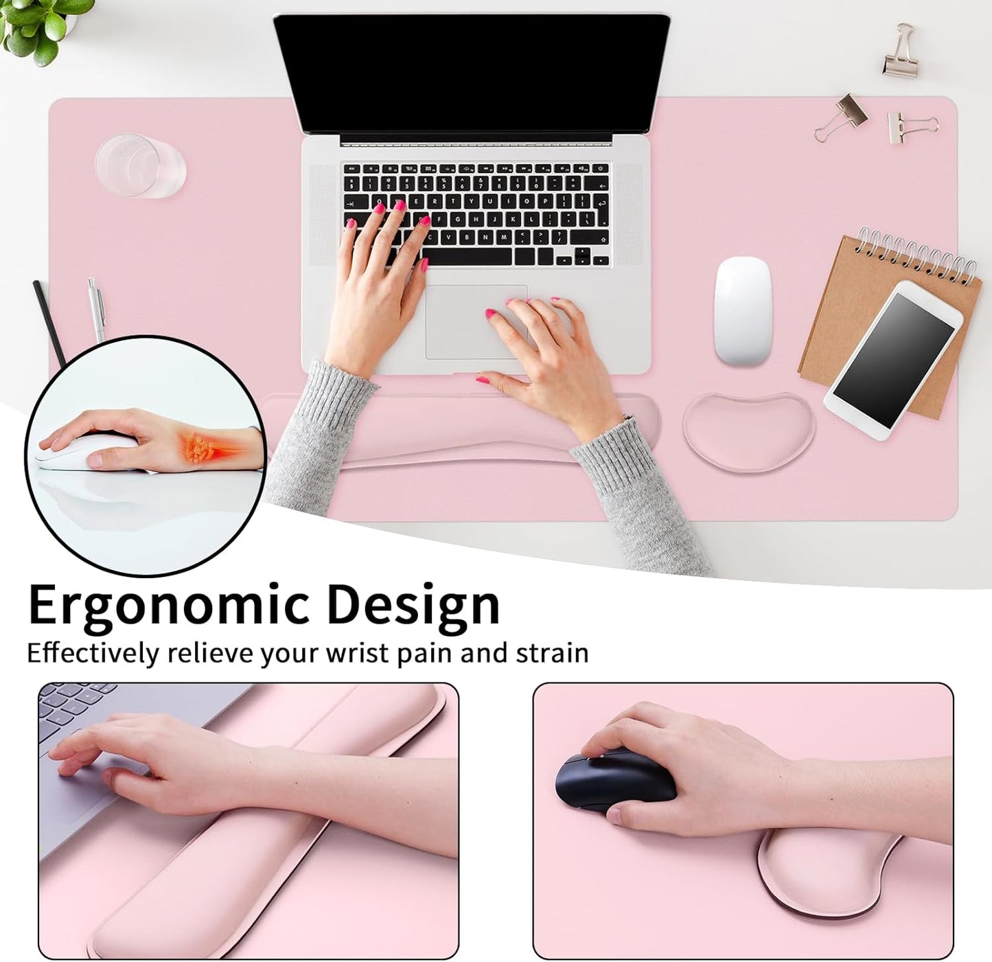 Wrist Rest for Computer Keyboard and Mouse, Ergonomic Design Wrist Support Pad for Keyboard, Soft Memory Foam Desk Pads Support Hand and Arm Easy Typing Pain Relief, 2 Piece Pad, Cream Pink