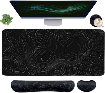 4-in-1 Large Gaming Mouse Pad, Keyboard Wrist Rest Pad & Wrist Support Mousepad Set, Extended Desk Pad Waterproof Desk Mat for Home Office Study Game-Black