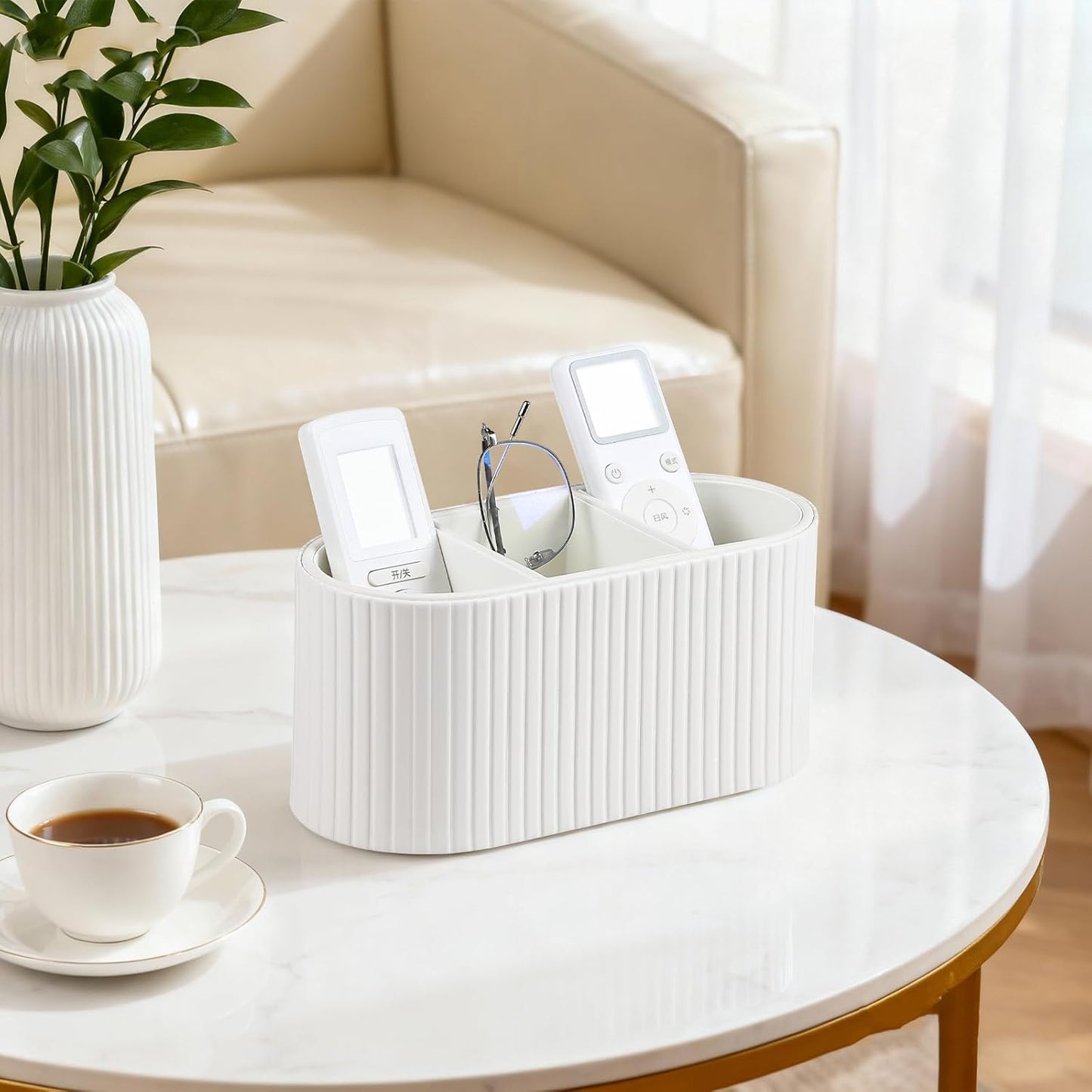 Oval Pen Holder for Desk, Remote Control Holder with 3 Compartments, PU Leather Small Desk Organizer Remote Caddy, Aesthetic Pencil Holder Desk Accessories for Home Office (Ivory)