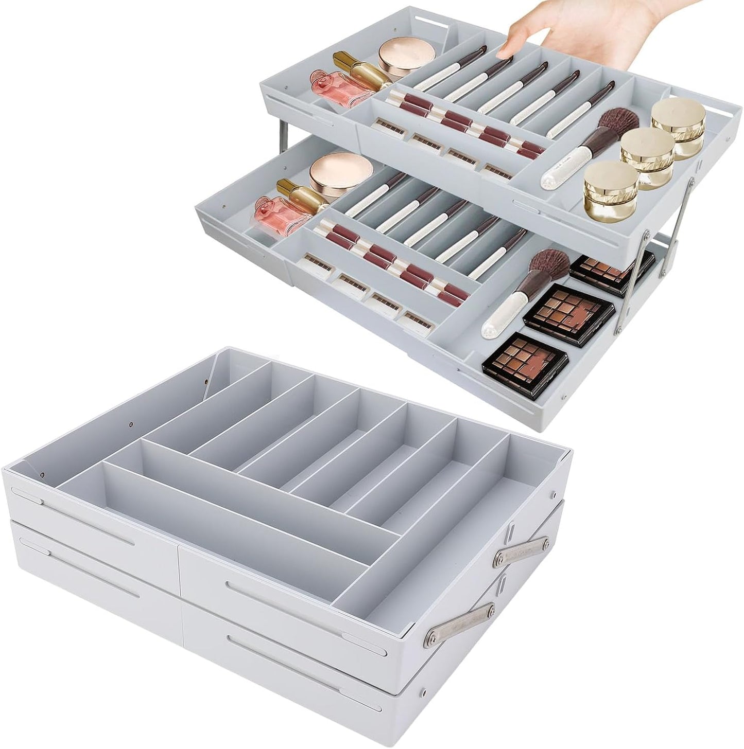 Extra Large and High Drawer Organizer, 2 Tier Smart Expandable Desk Organizer, Multi Level Junk Drawer Organizer for Makeup, Jewelry, Desk, Office Drawers (Gray)
