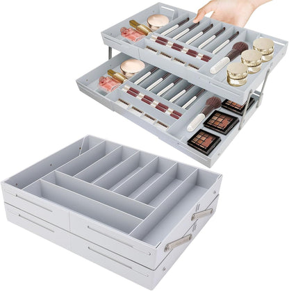 Extra Large and High Drawer Organizer, 2 Tier Smart Expandable Desk Organizer, Multi Level Junk Drawer Organizer for Makeup, Jewelry, Desk, Office Drawers (Gray)