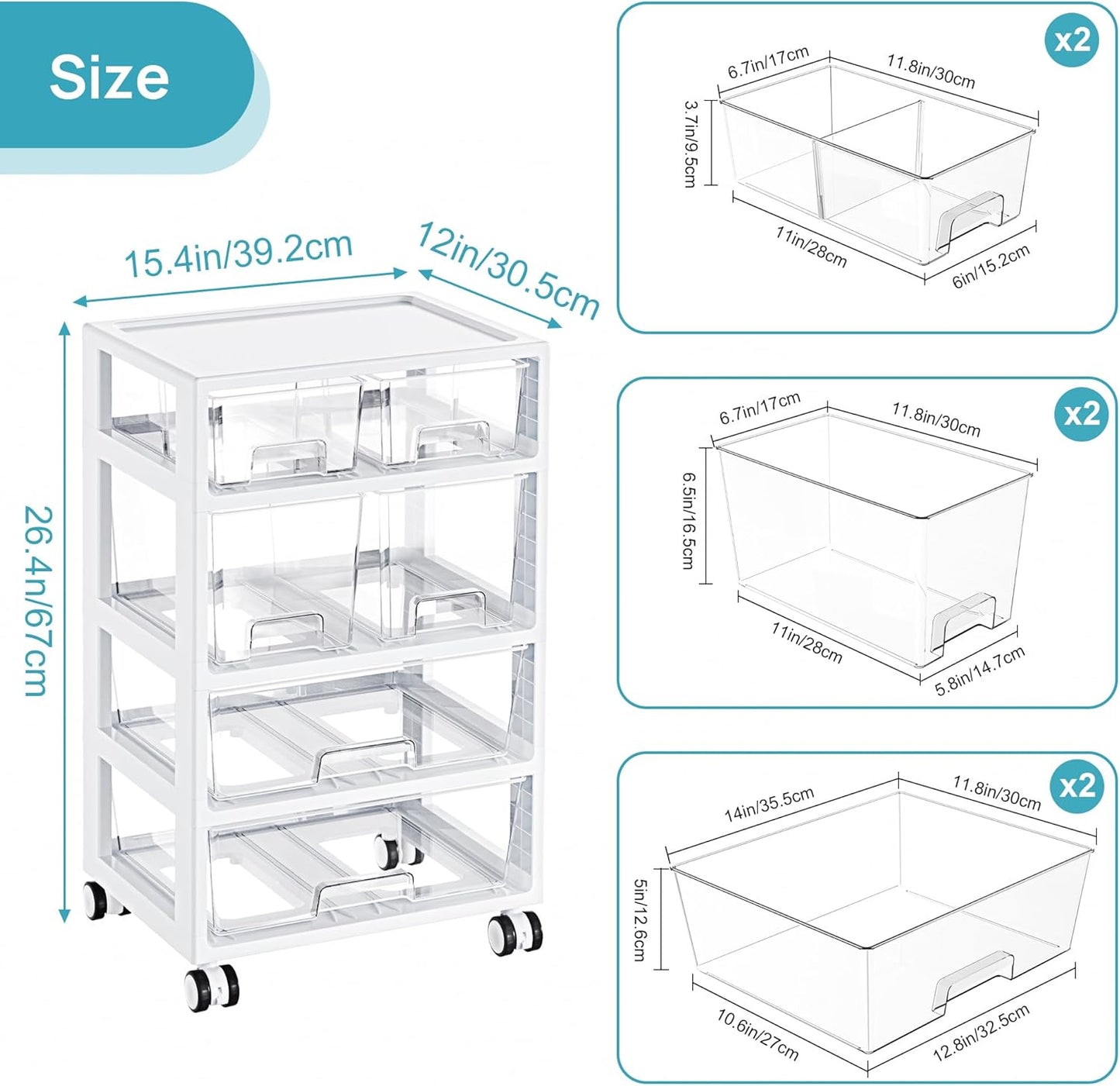 Vtopmart Plastic Drawer Storage Rolling Cart with Wheels, 4-Tier Drawer Organizer for Art Crafts Supplies, Home Office Supplies, Toys, Under Desk Storage for Office, Craft Room, Bedroom, Classroom